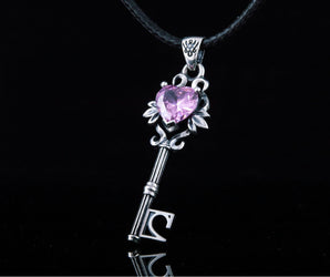 Key Pendant with Pink Gem Sterling Silver Jewelry