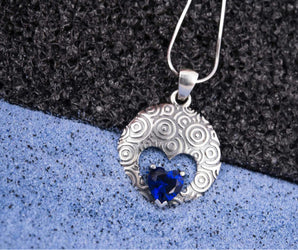 Unique Handcrafted Pendant with ornament and Blue Gem, Sterling Silver Fashion Jewelry