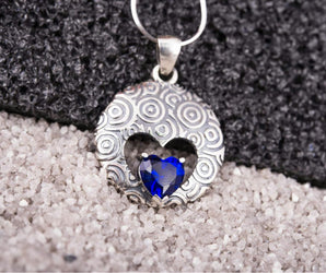 Unique Handcrafted Pendant with ornament and Blue Gem, Sterling Silver Fashion Jewelry