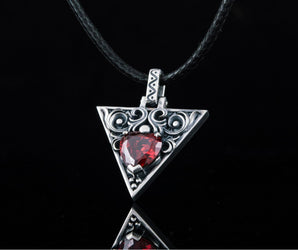 Pendant with Red Heart Cut Cubic Zirconia and Ornament Sterling Silver Jewelry