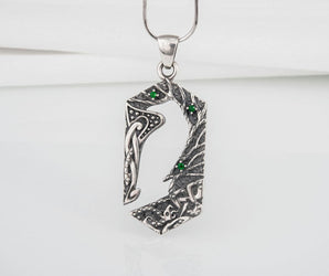 Handcrafted 925 silver Raven pendant with gems and ornament, unique Viking jewelry