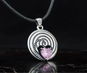 Circle Pendant with Pink Heart Cut Cubic Zirconia Sterling Silver Jewelry