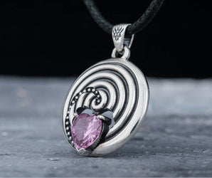 Circle Pendant with Pink Heart Cut Cubic Zirconia Sterling Silver Jewelry