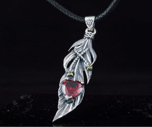 Feather Pendant with Red Heart Cut Cubic Zirconia Sterling Silver Jewelry