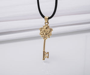14K Gold Key Pendant with Bird and Flowers Jewelry