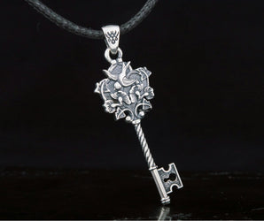 Key Pendant with Bird and Flowers Sterling Silver Jewelry