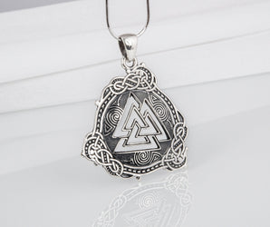 Unique Viking valknut pendant with ancient detailed ornament, handcrafted sterling silver jewelry