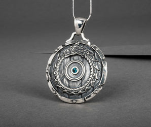 Shield with Ouroboros Symbol Pendant and Gem Sterling Silver Norse Jewelry
