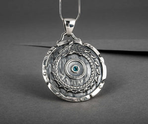 Shield with Ouroboros Symbol Pendant and Gem Sterling Silver Norse Jewelry