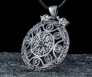 Vegvisir Symbol Pendant with Viking Runes Ornament Sterling Silver Jewelry