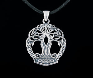 Yggdrasil with Mjolnir Pendant Handmade Sterling Silver Viking Necklace