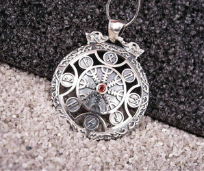 925 silver Helm of Awe Pendant with Red Gem and Runes, Unique handmade Viking Jewelry
