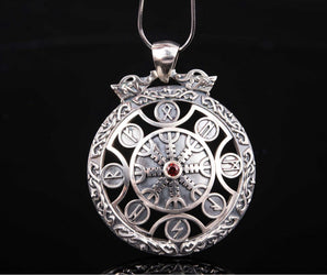 925 silver Helm of Awe Pendant with Red Gem and Runes, Unique handmade Viking Jewelry