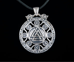 Valknut Symbol Pendant with Viking Runes Ornament Sterling Silver Jewelry
