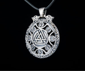Valknut Symbol Pendant with Viking Runes Ornament Sterling Silver Jewelry