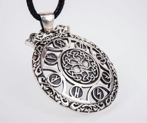 925 silver Yggdrasil The World Tree Pendant with runes, Unique Handcrafted Viking Jewelry