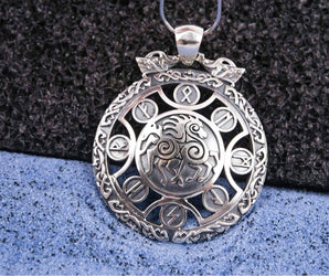 925 Silver Sleipnir pendant with Runes and Ornament, Unique Handmade Jewelry