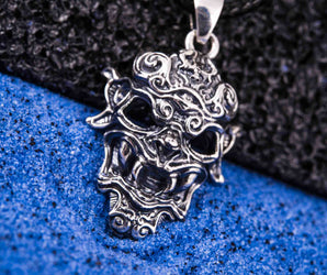 925 silver Oni Japanese Demon Mask, unique handmade jewelry