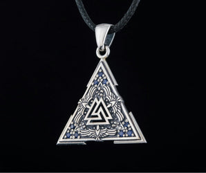 Valknut Symbol Pendant with Raven Ornament Sterling Silver Norse Jewelry