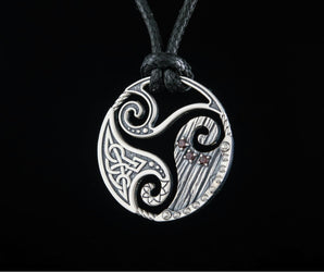 Circle Shield Pendant with Triskelion and CZ Ornament Sterling Silver Norse Jewelry