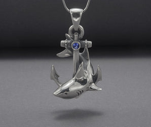 Anchor Handmade 925 Silver Pendant With Gems And Shark, Handcrafted Jewelry