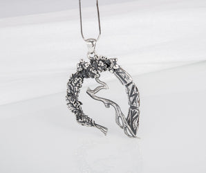 Unique sterling silver pendant with Oak branch, leaves, and runes, handcrafted jewelry