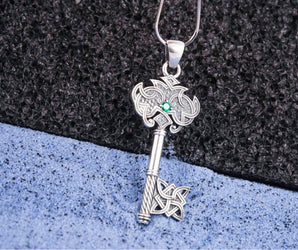 925 silver Key Pendant with gem and Celtic knots ornament, Unique Viking Jewelry