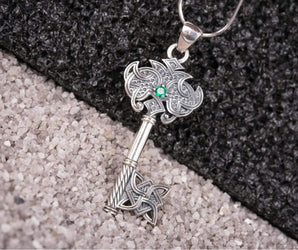 925 silver Key Pendant with gem and Celtic knots ornament, Unique Viking Jewelry