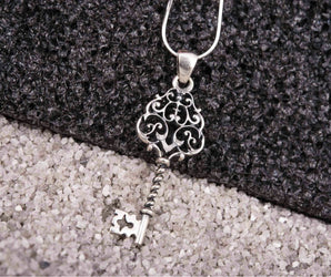 925 Silver Key Pendant with Leaves ornament, Unique handmade Fashion Jewelry