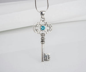 Handmade sterling silver Key pendant with turquoise gem and ornament, unique fashion jewelry