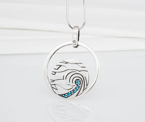 Minimalistic Round 925 Silver Pendant with Waves and Gems, Unique Fashion Jewelry