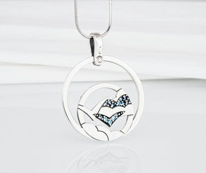 Minimalistic Round 925 Silver Pendant with Seagull, Clouds and Gems, Unique Fashion Jewelry