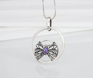 Minimalistic Round 925 Silver Pendant with Butterfly and Purple Gem, Unique Fashion Jewelry