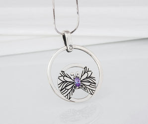 Minimalistic Round 925 Silver Pendant with Butterfly and Purple Gem, Unique Fashion Jewelry