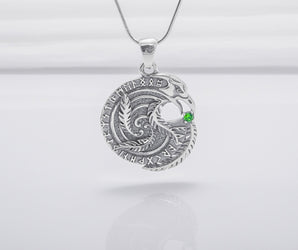 Sterling Silver Celtic Raven Pendant With Green Gem, Unique Handmade Jewelry