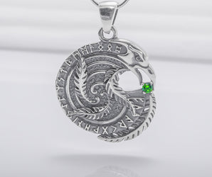 Sterling Silver Celtic Raven Pendant With Green Gem, Unique Handmade Jewelry
