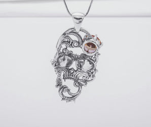 925 Silver Skull Necklace with Big Gem, Handcrafted Jewelry