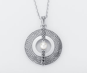 Greek Meander Ornament Pendant with Pearl and Gems