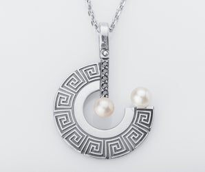 Greek Meander Ornament Pendant with Pearls and Gemstones