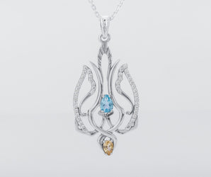 925 Silver Ukrainian Trident Pendant with Blue and Yellow gem, Made in Ukraine Jewelry