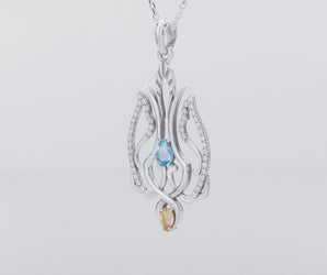 925 Silver Ukrainian Trident Pendant with Blue and Yellow gem, Made in Ukraine Jewelry