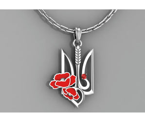 925 Silver Ukrainian Trident Pendant with Wheat, Poppy Flower and Gem, Made in Ukraine Jewelry