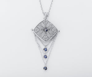 Ukrainian Amulet with Traditional Ornament and Gems, 925 Silver