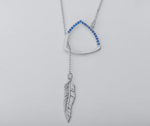 Creative Personality Feather Pendant with Blue Gems, Rhodium Plated 925 Silver
