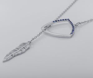 Creative Personality Feather Pendant with Blue Gems, Rhodium Plated 925 Silver