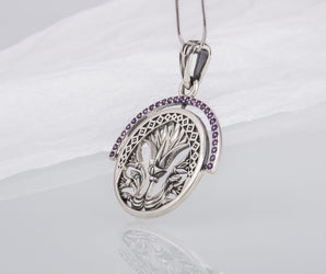 925 Silver Lotus Pendant with Purple Cubic Zirconium Gems, Handmade Egyptian Jewelry