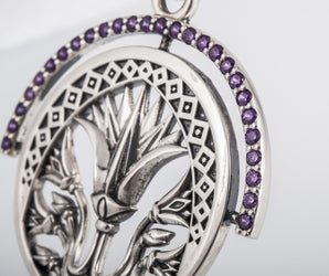 925 Silver Lotus Pendant with Purple Cubic Zirconium Gems, Handmade Egyptian Jewelry