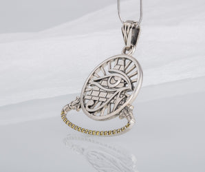 Sterling Silver Udjat Symbol Pendant with Pyramid and Gems, Handmade Egyptian Jewelry