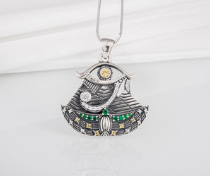 The eye of Ra sterling silver pendant with ancient Egypt ornament and gems, unique handcrafted jewelry