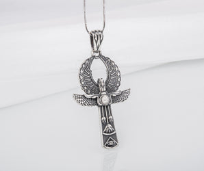 Unique Egyptian Ankh pendant with wings, lotus, and eye of Ra, handcrafted 925 silver jewelry